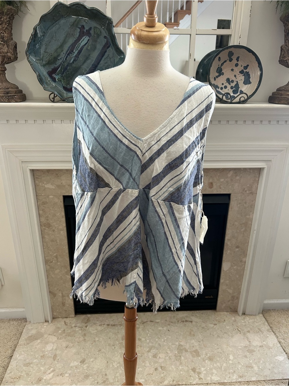 Indigo Rein Blue and White Striped V‑Neck Tank with Fringe Hem